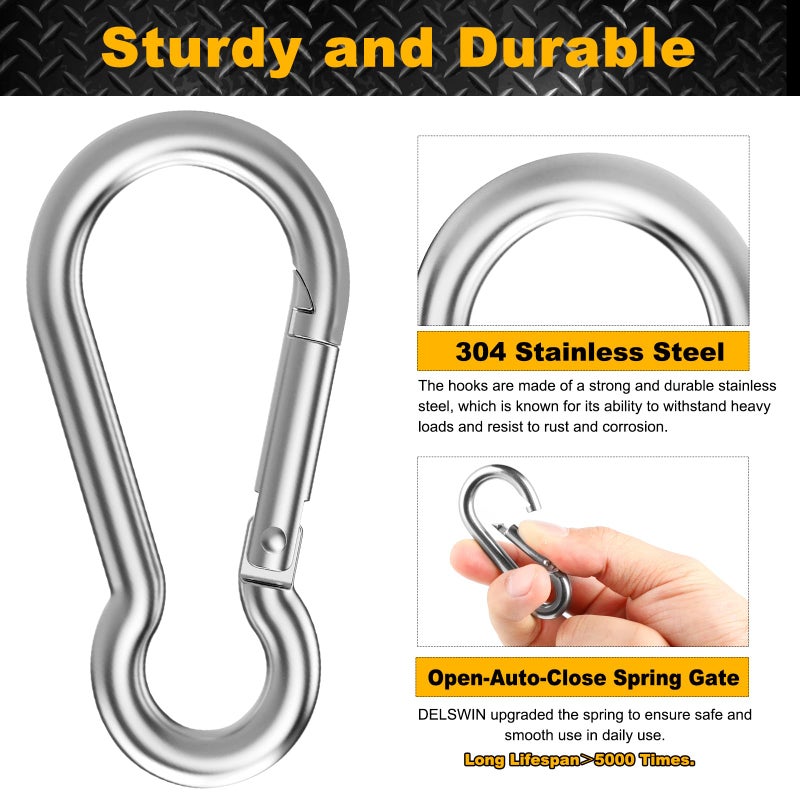 DELSWIN 6 Pcs Carabiner Clip Spring Snap Hook - 304 Stainless Steel Quick Link Clips  Heavy Duty Snap Hook for Gym Equipment  Outdoor Shade Sails  Camping Hiking Hammock Swing(M8 80mm  can Hold 500lbs) - Image 2